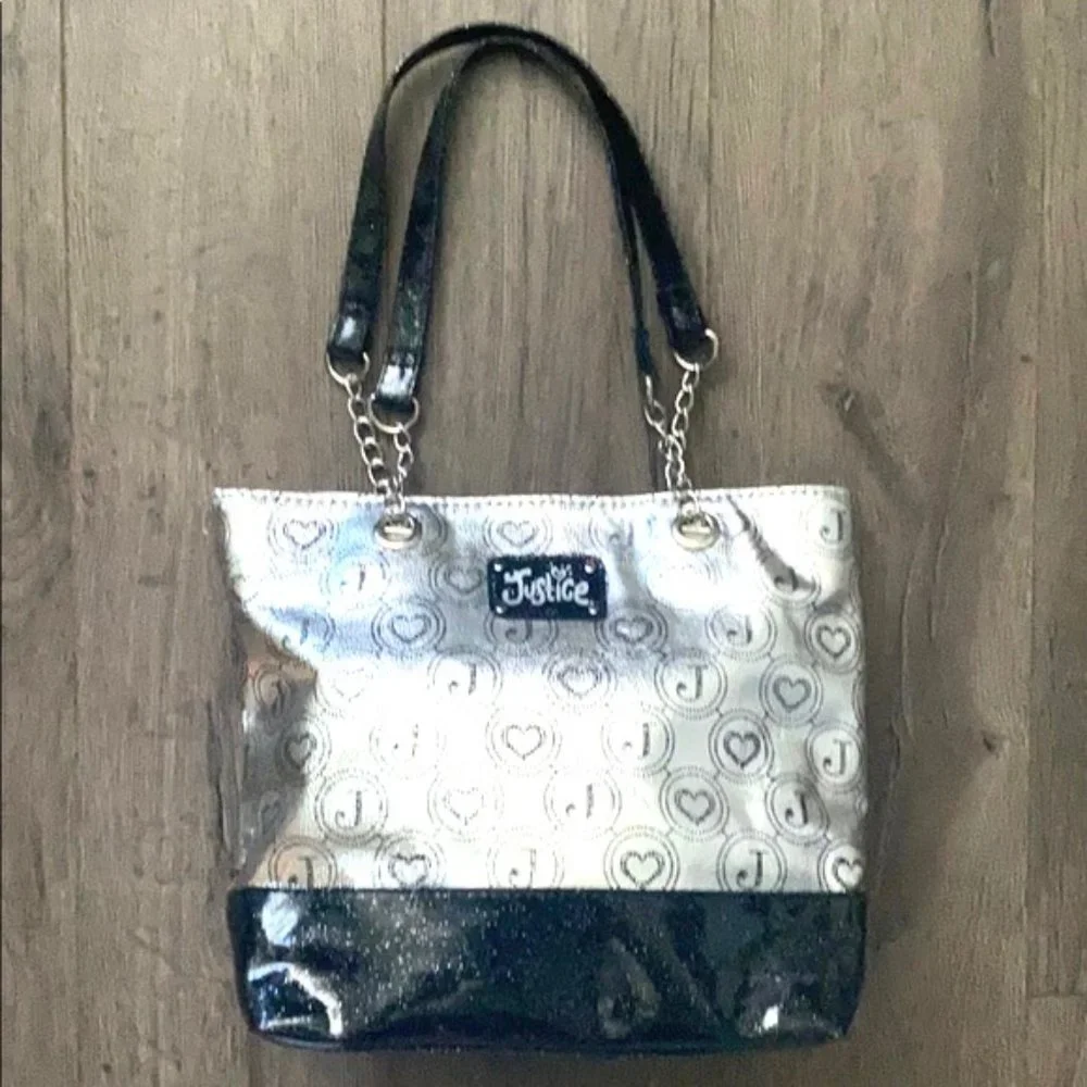 Justice Girls Black/Silver Logo Sparkly Tote